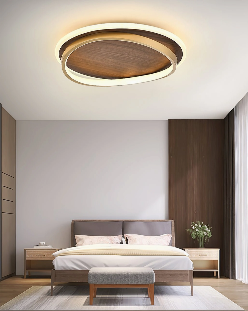 Gold and walnut LED ceiling lamp fixture in contemporary home interior, modern minimalist lighting installation
