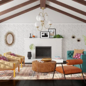 Multi-arm gooseneck chandelier installed in luxury vintage living room with navy walls and upscale furnishings
