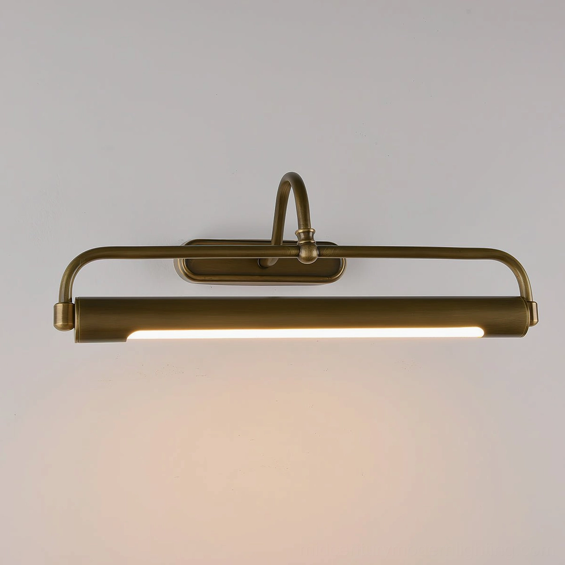 Gooseneck wall sconce styled in modern interior setting, accent lighting over mantel