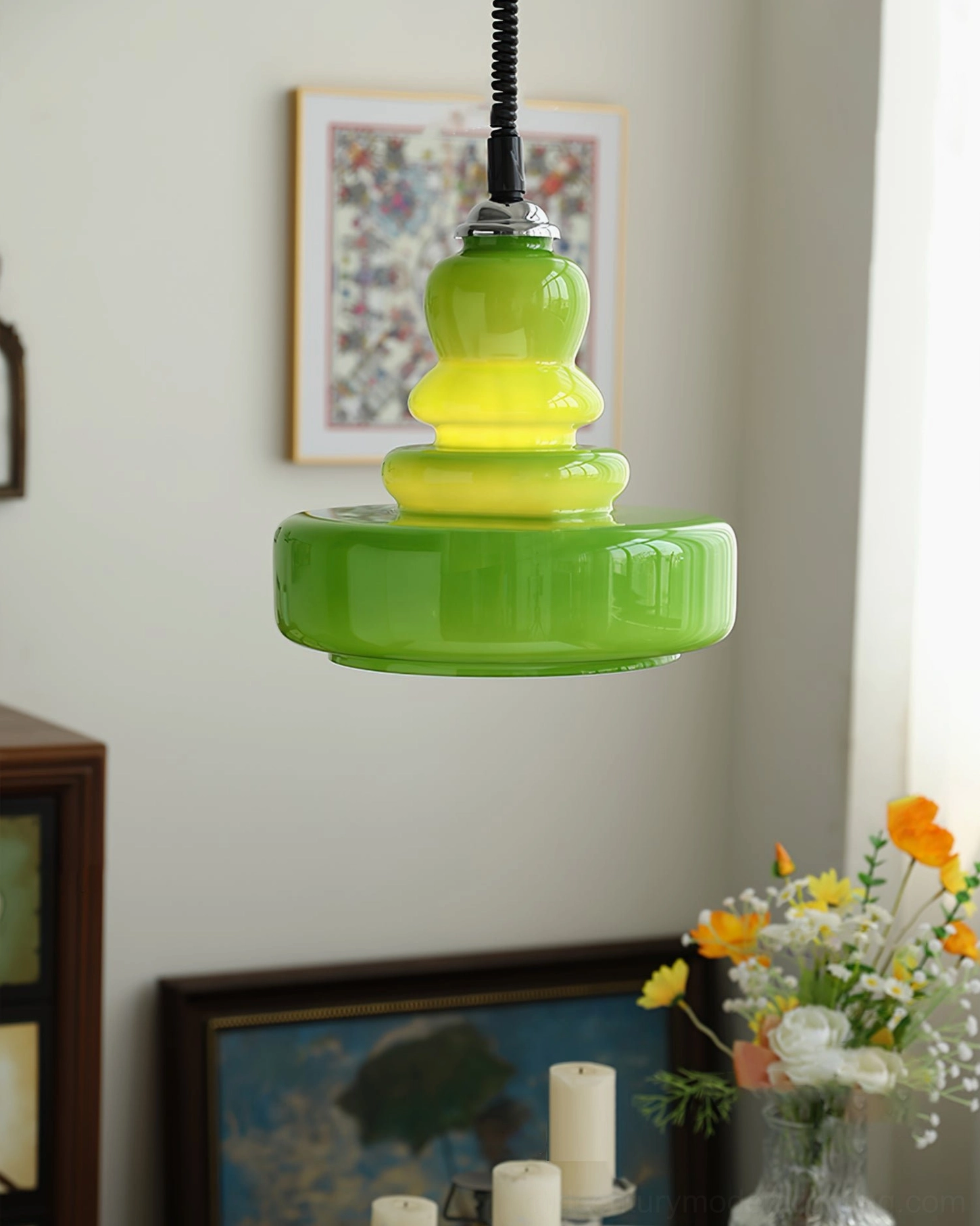 Contemporary eclectic interior with gourd pendant light as sculptural focal point in loft style space