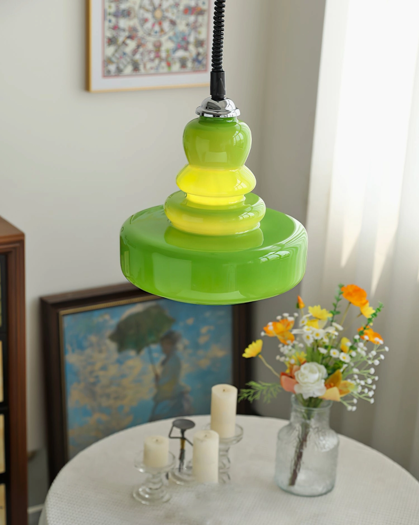 Gourd glass pendant with vintage Edison bulb option creating nostalgic candlelit atmosphere in retro interior design