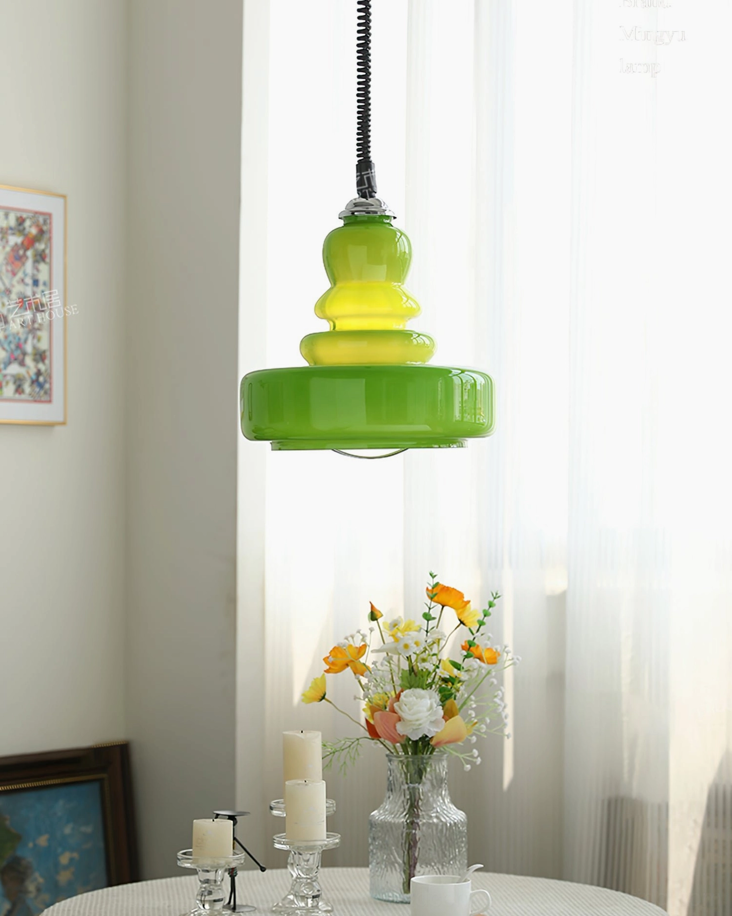 Gourd pendant light installation showing suspension wire, ceiling canopy, and proper hanging height in residential setting
