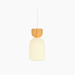 Gourd ribbed pendant light studio shot showing distinctive vertical fluting and wood top detail