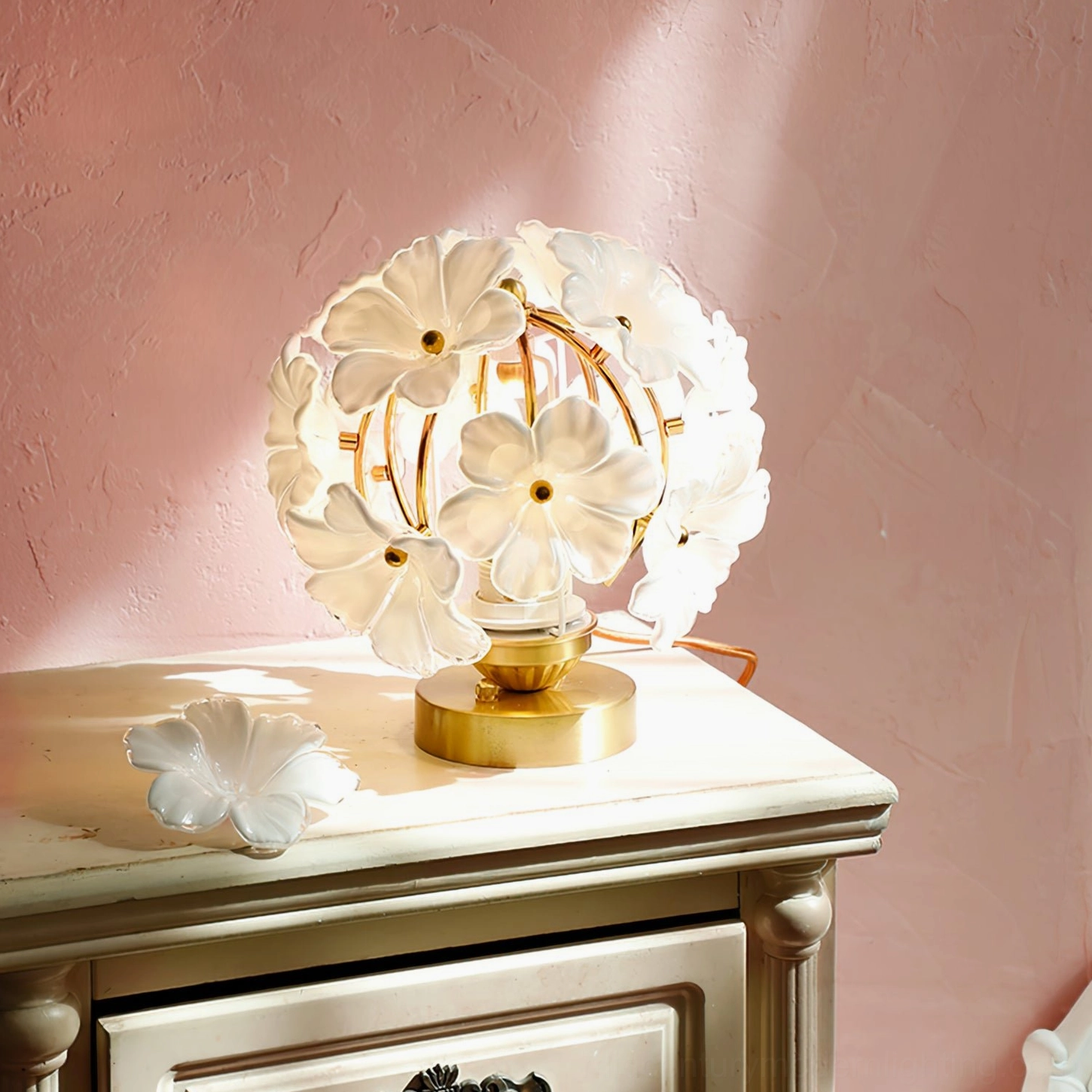 Grace Floral Table Lamp French romantic style with carved wood nightstand and warm pink textured wall