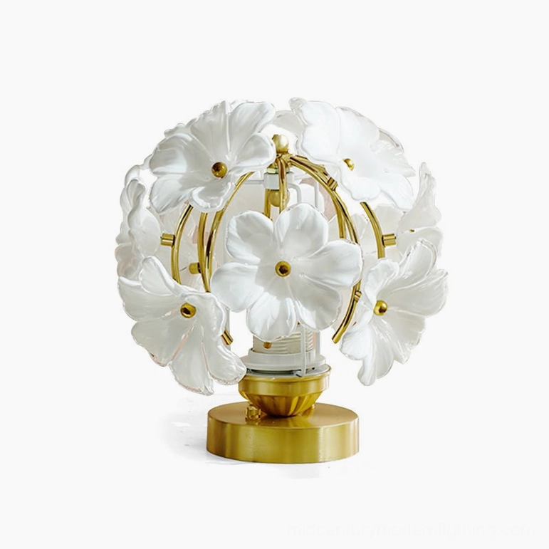 Grace Floral Lamp front view white background golden metal frame and frosted glass flower design