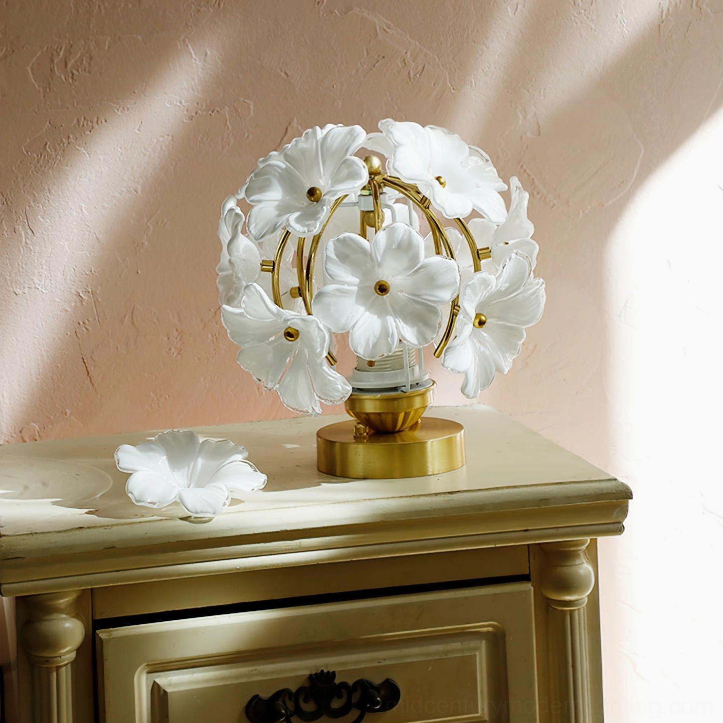 Grace Floral Table Lamp right side angle view pink wall with white flowers on nightstand