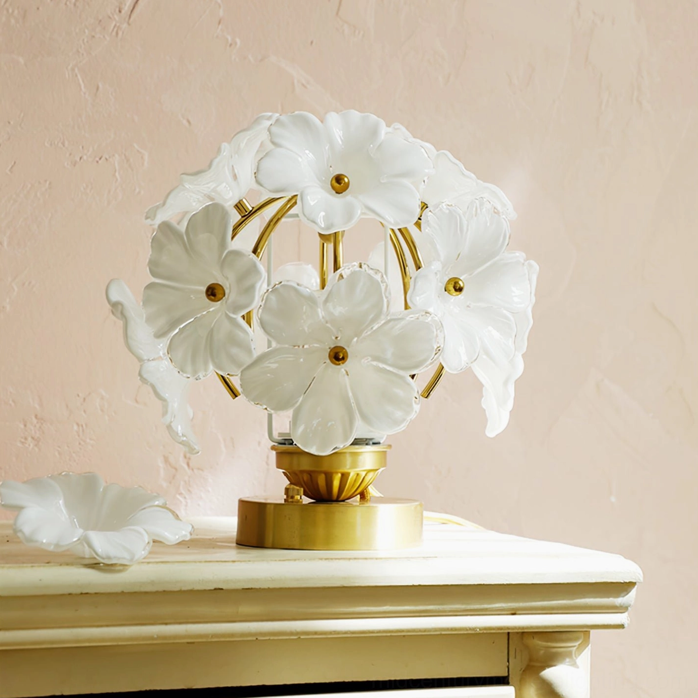 Grace Floral Botanical Lamp left side view pink wall white nightstand with decorative flower styling