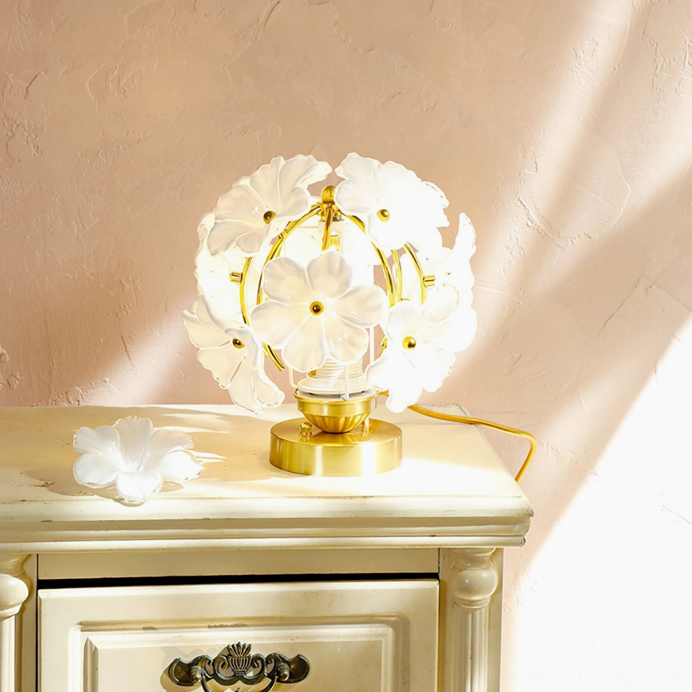 Grace Floral Botanical Lamp left view with pink wall carved nightstand and visible power cord