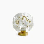 Grace Floral Table Lamp front view with white background showcasing gold base and frosted glass flower sphere