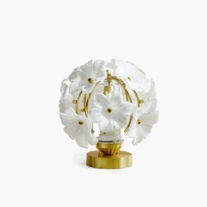 Grace Floral Table Lamp front view with white background showcasing gold base and frosted glass flower sphere