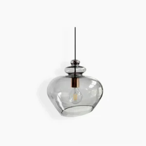 Grace asymmetrical glass pendant lamp with copper toned metal fixture, clear glass shade showcasing mid-century modern design