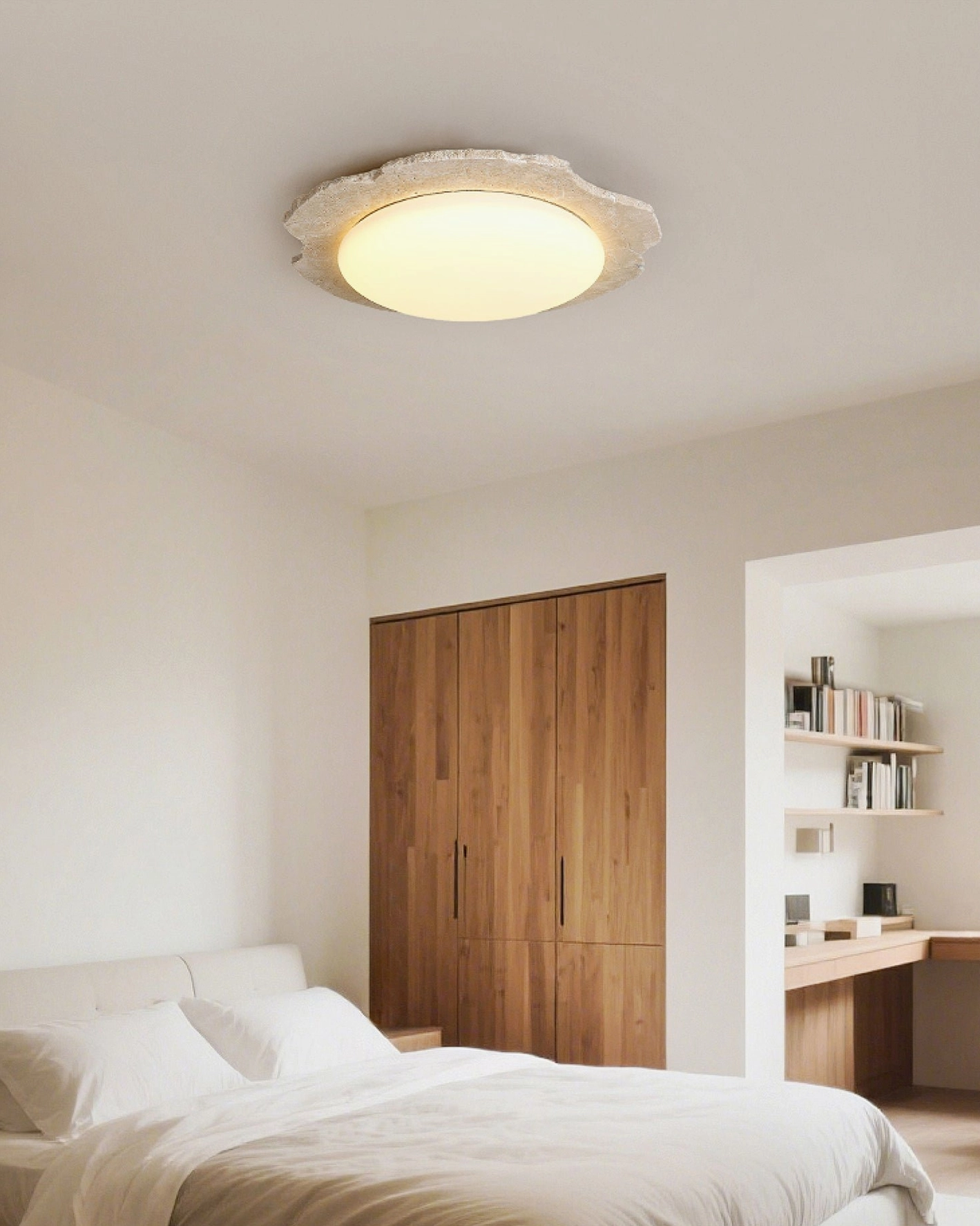 Gracie Ceiling Light Illuminated in Warm Neutral Bedroom with Study Nook
