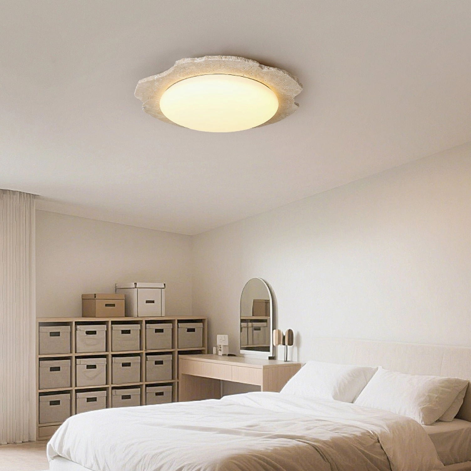 Gracie Travertine Ceiling Light in Warm Wabi-Sabi Bedroom Aesthetic with Storage