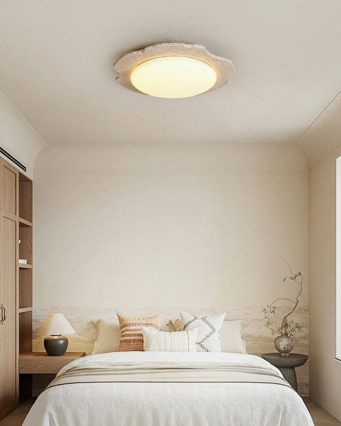 Gracie Travertine Flush Mount in Cozy Wabi-Sabi Decorated Bedroom Space