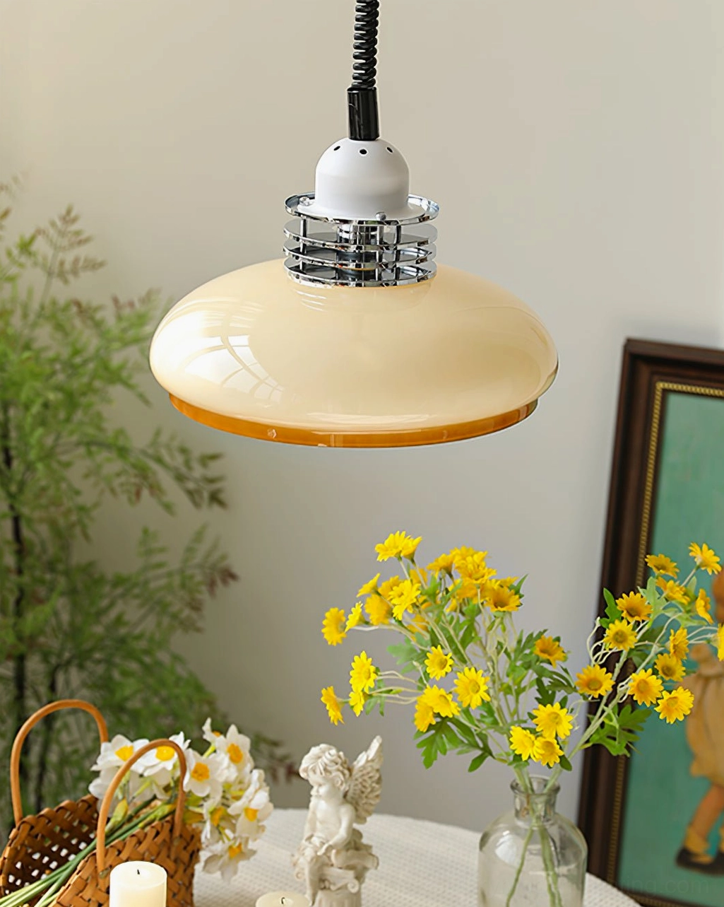 Mid-century modern beige orange gradient glass pendant lamp detail showing glass texture and color gradation in natural light