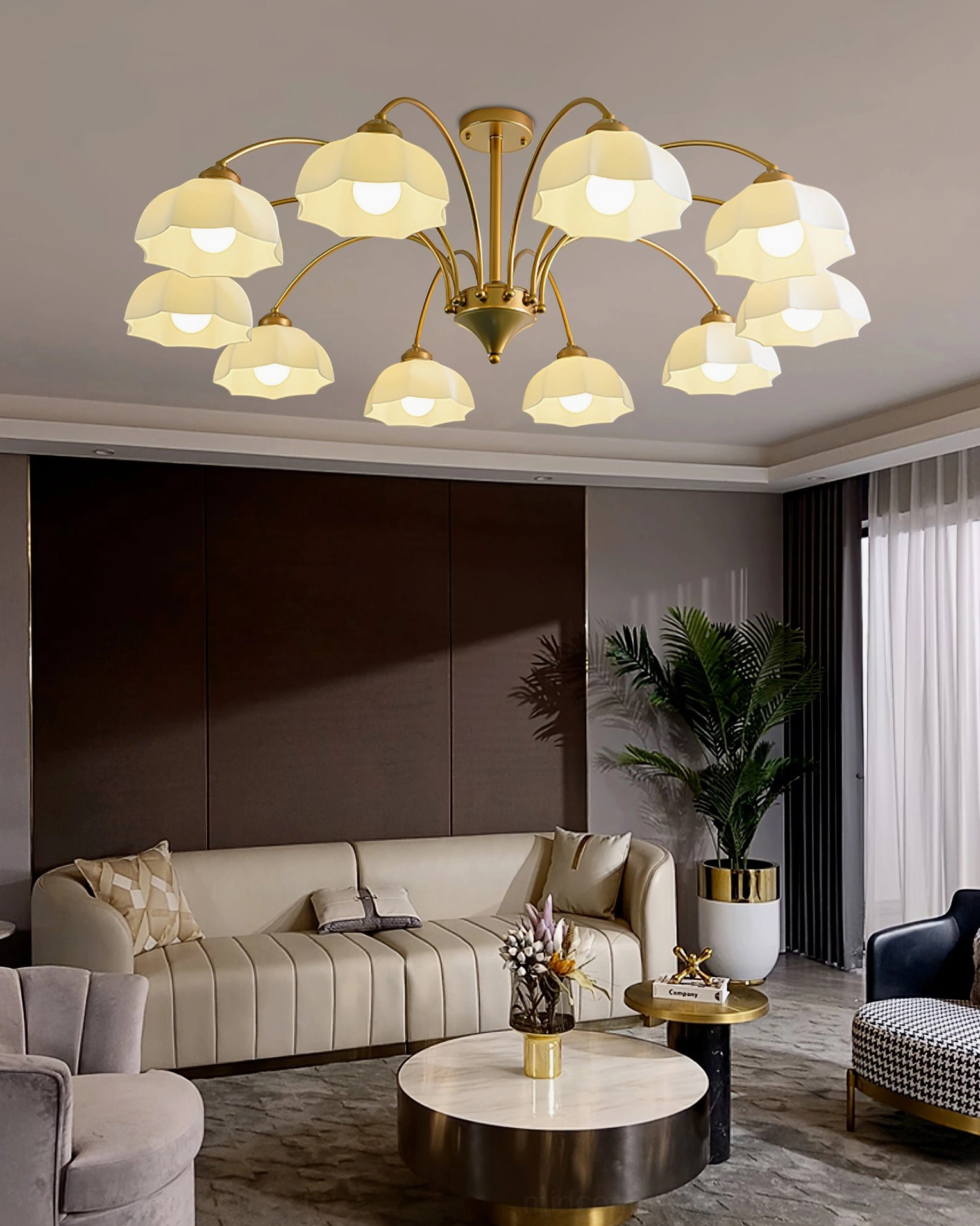 Large 12-head frosted glass bell chandelier in spacious luxury living room, grand elegant statement ceiling light installation