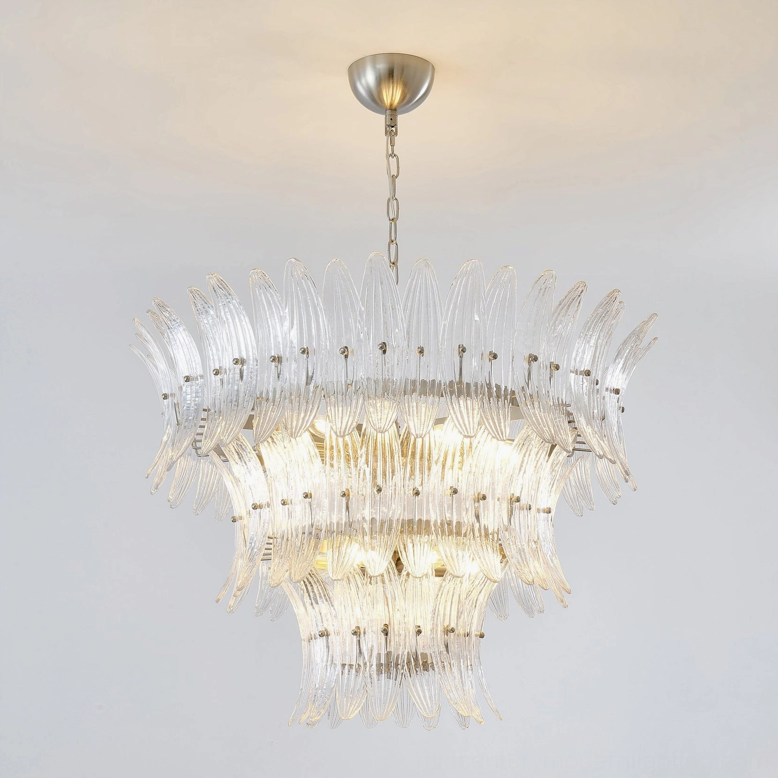 Grand statement glass palm chandelier 35.4 inch diameter with 18 bulbs in spacious modern entryway