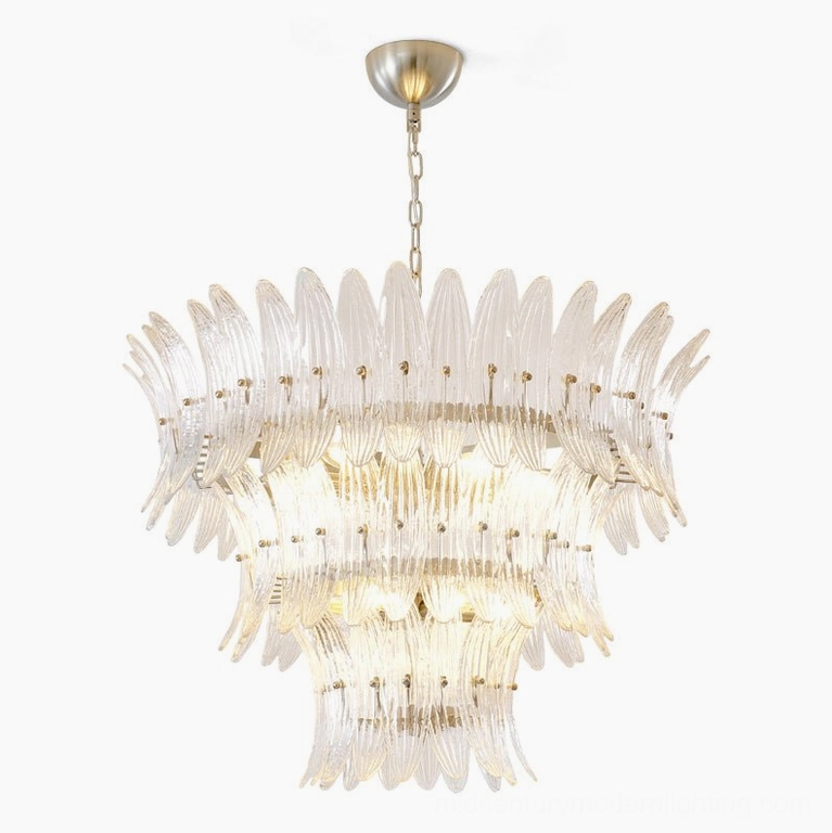 Grand statement tier glass palm chandelier 35.4 inches diameter mounted in luxury modern interior space