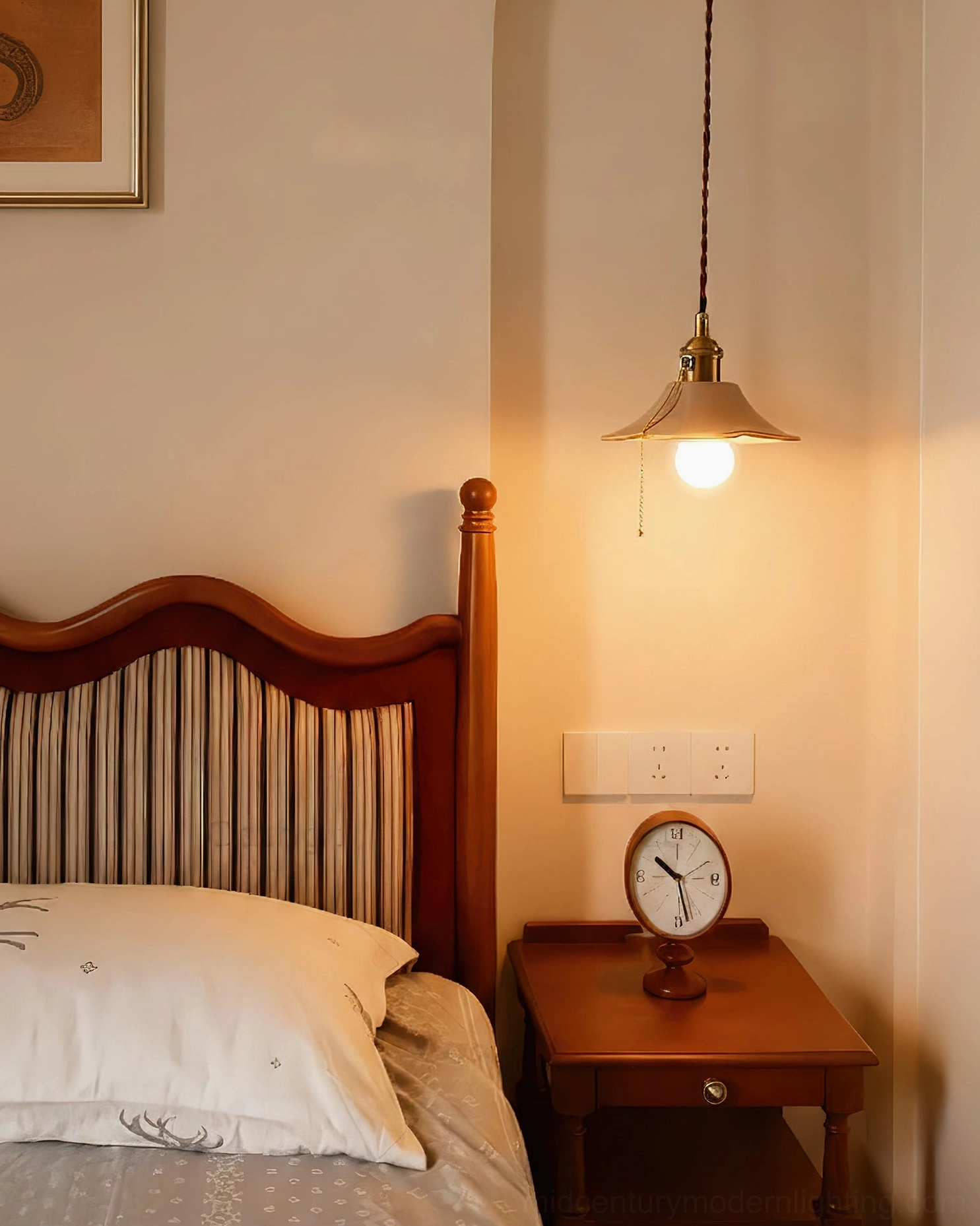 Retro ceramic pendant light with warm ambient lighting in American-style bedroom with wooden bed frame