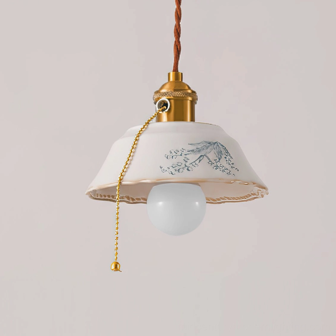 Grange ceramic pendant light front view showing scalloped shade with blue print and braided cord