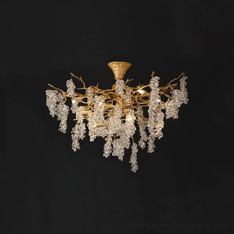 Grape bunch crystal chandelier dimensional view highlighting three-dimensional faceted glass grape clusters and brass architecture