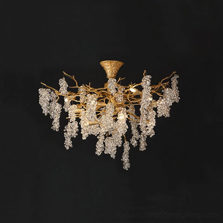 Complete grape bunch chandelier with all ten G9 bulb sockets illuminated, full product showcase