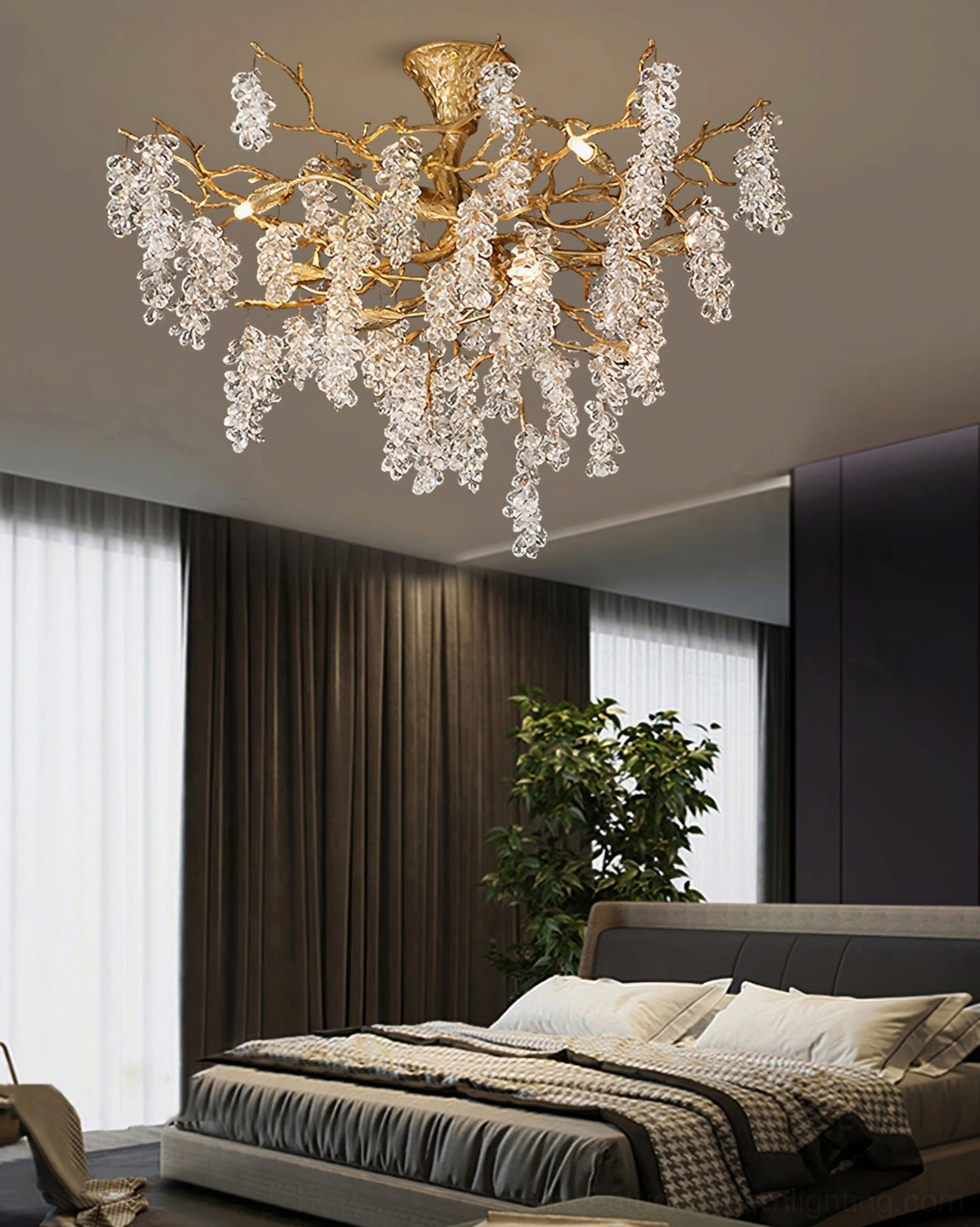 Grape bunch crystal chandelier overhead lighting perspective showing full branching structure and pendant arrangement
