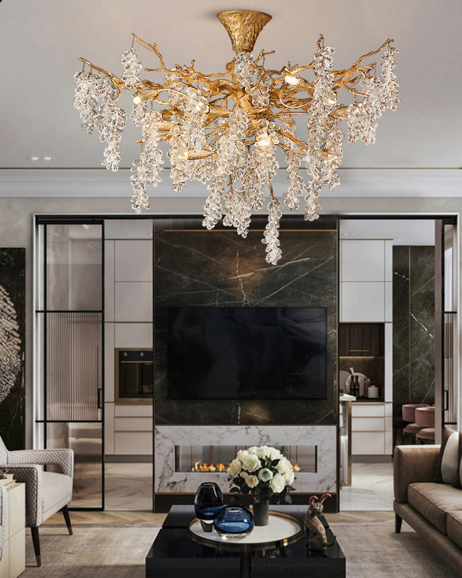 Ceiling-mounted grape cluster chandelier in upscale living room with fireplace and elegant home furnishings, warm vintage glow