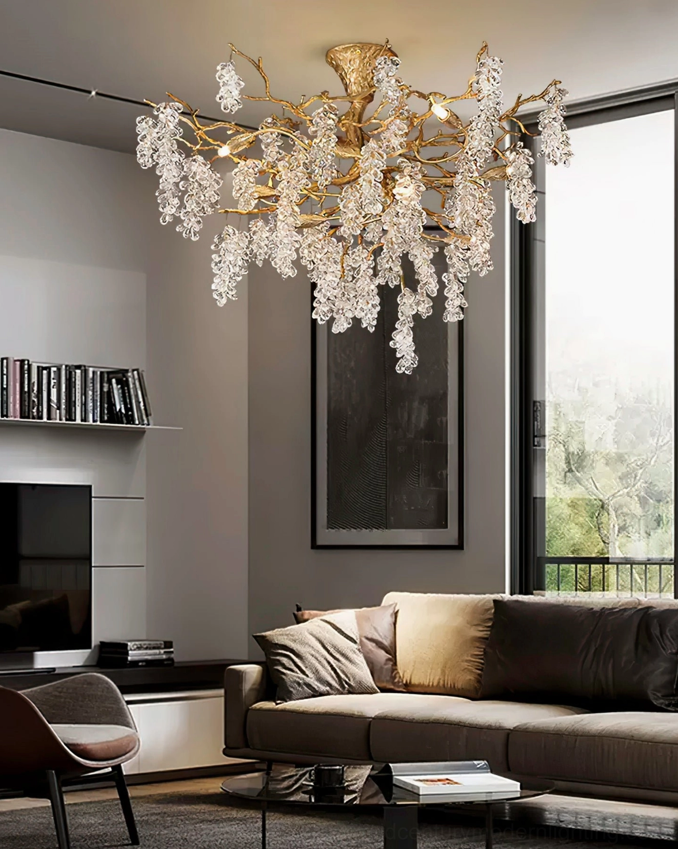 Grape bunch chandelier installed in modern contemporary living room above sofa, creating luxury ambiance with warm lighting