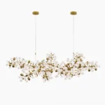 Grape Vine Bunch Chandelier with frosted glass orbs and brass metal branches, front view on white background
