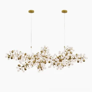 Grape Vine Bunch Chandelier with frosted glass orbs and brass metal branches, front view on white background