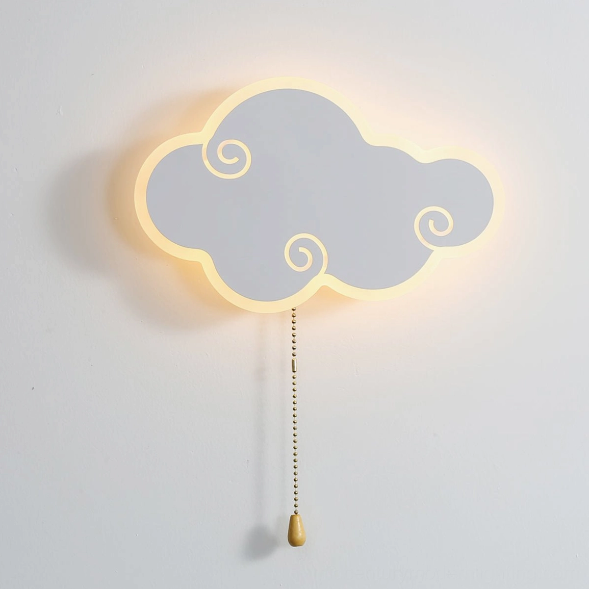 Light gray cloud wall lamp with integrated warm LED glow and modern metal hardware on white wall