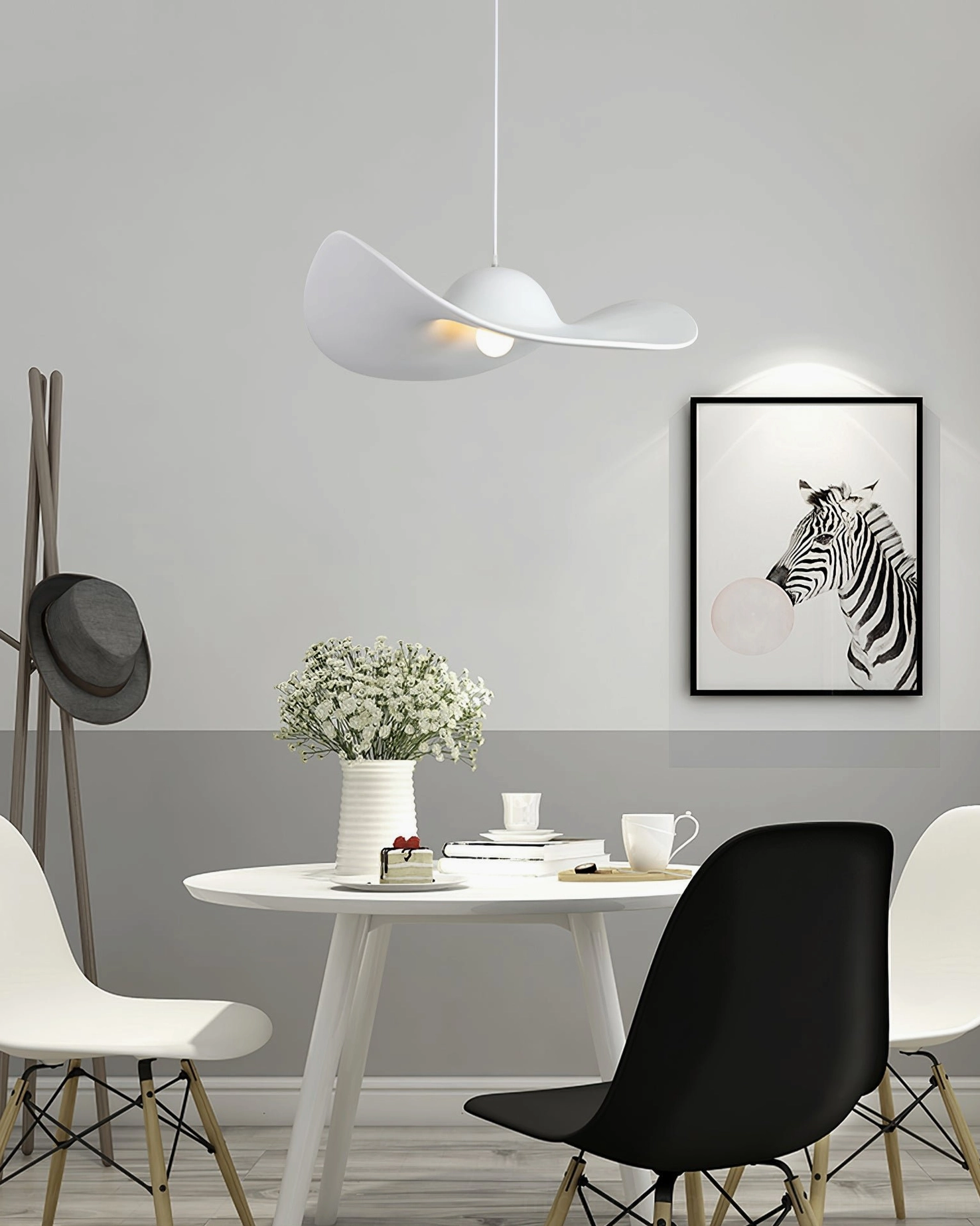 Gray hat pendant light suspended with 150cm adjustable cord in interior setting