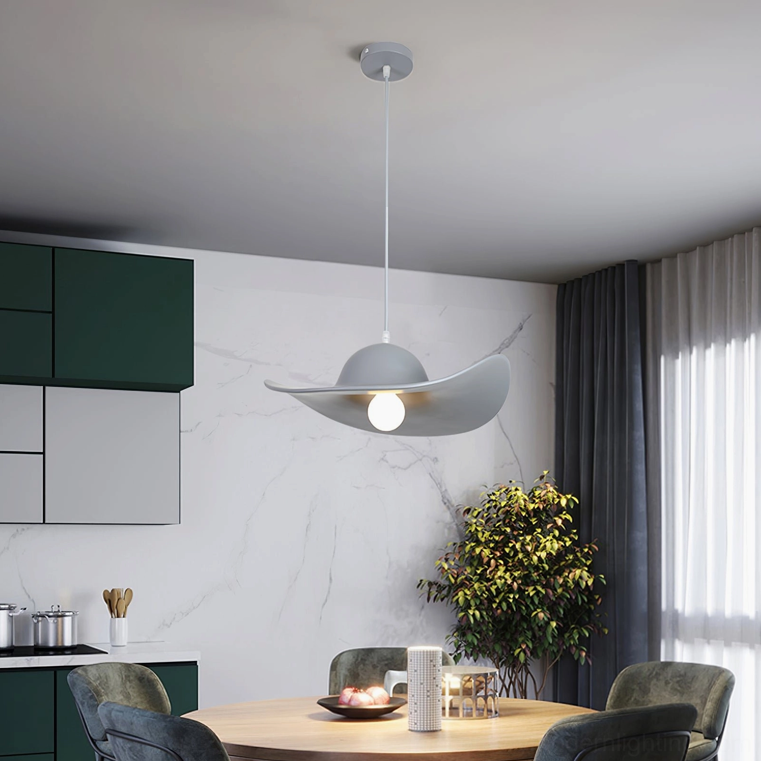 Gray matte hat pendant light with exposed warm bulb in modern kitchen dining combo
