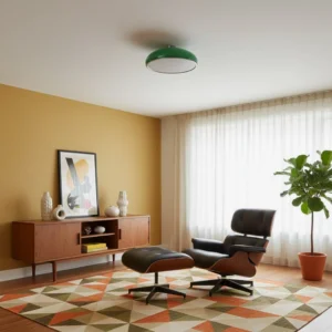 Glossy green flush mount ceiling light installed in retro living room with mid-century modern décor, upward view