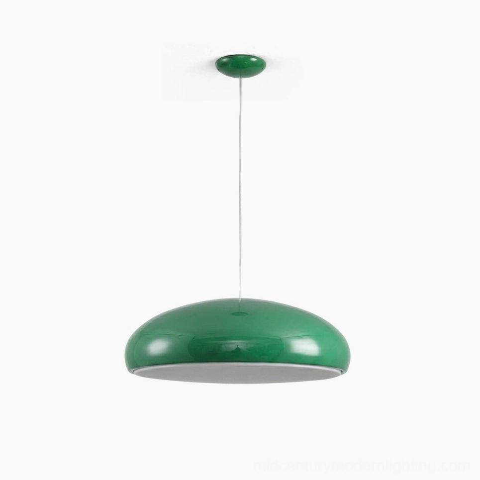 Green dome pendant light hanging display side view mid-century modern lighting design