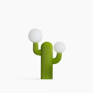 Cactus table lamp with ribbed green resin body and white globe bulbs, front studio view on white background