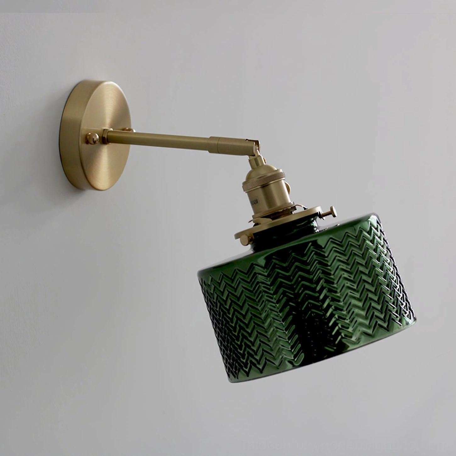 Vintage green glass wall sconce installation example in contemporary eclectic interior