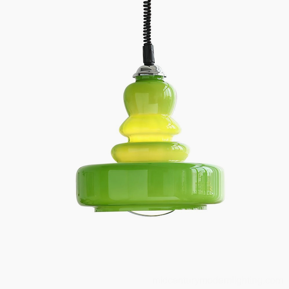 Green gourd glass pendant light with multi-layered tiered construction and natural earthy color for bohemian interiors
