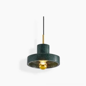 Dark green marble pendant light with brass fixture and warm bulb, front view studio shot
