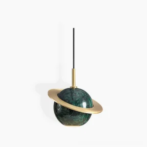 Marble sphere pendant lamp with dark green veining and gold brass ring, front studio view showing sculptural form
