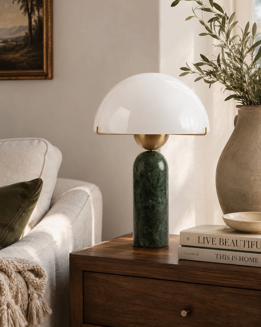 Green marble table lamp illuminated on living room side table with potted greenery and modern home decor styling