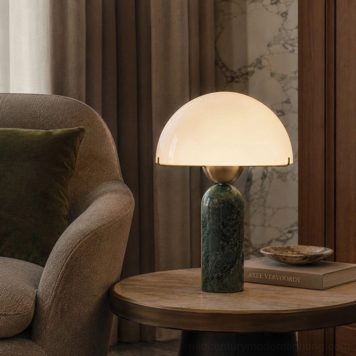 Green and white natural marble table lamp with integrated LED glowing warm light on modern living room side table