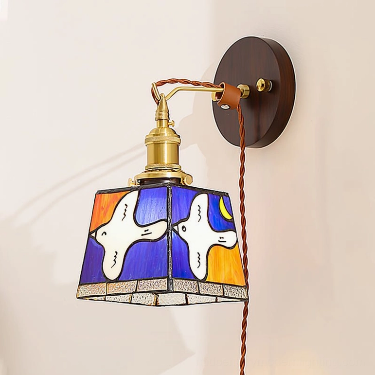 Green model stained glass peace dove wall lamp highlighting multi-color glass panels and brass accents