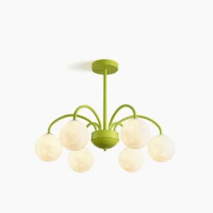 Green moon flower metal ceiling chandelier with 8 frosted glass lamp heads displayed in studio overhead view