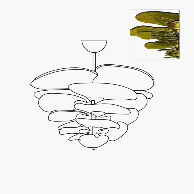 Green Murano-style lotus leaf chandelier with layered glass petals and warm brass hardware