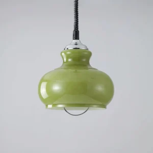 Green gourd glass pendant light showing metal hanging ring and flexible black cord detail