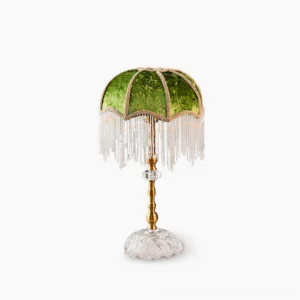 Green velvet fringe table lamp with brass and crystal base - mid-century modern design