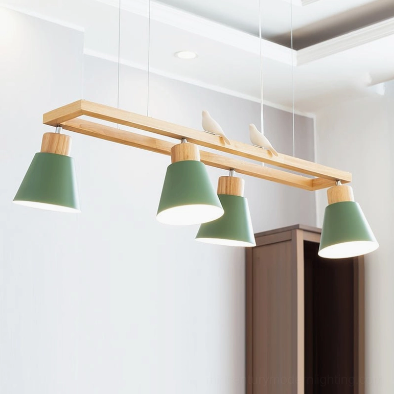 Green finish wooden cone pendant chandelier bringing contemporary color to mid-century modern interiors