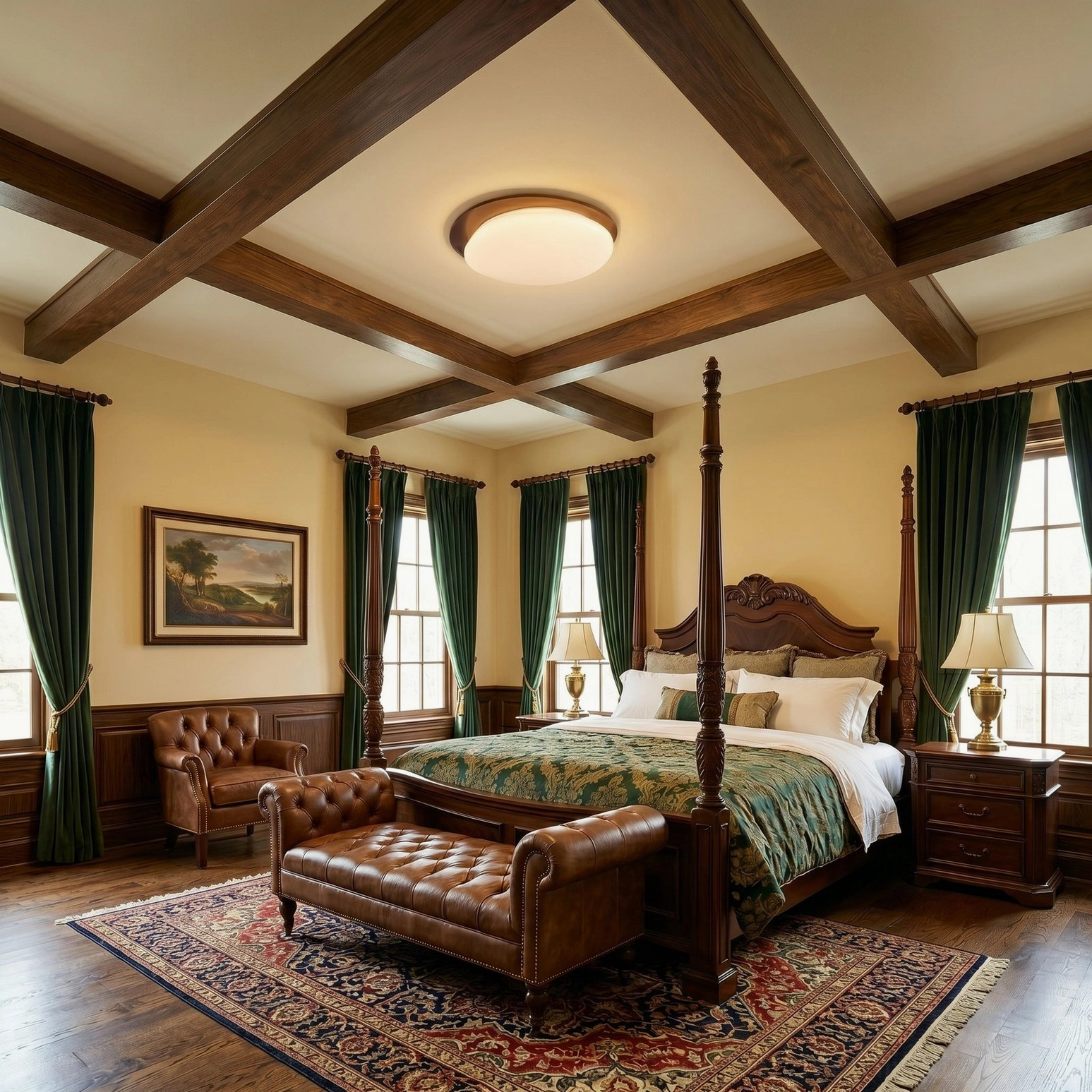 Gregg flush mount on coffered ceiling in luxury traditional bedroom suite, classic interior design